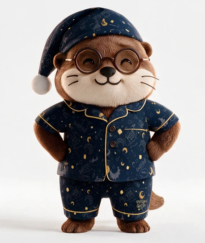 Waffles the otter in navy moon-print pajamas and a nightcap, smiling with hands on hips