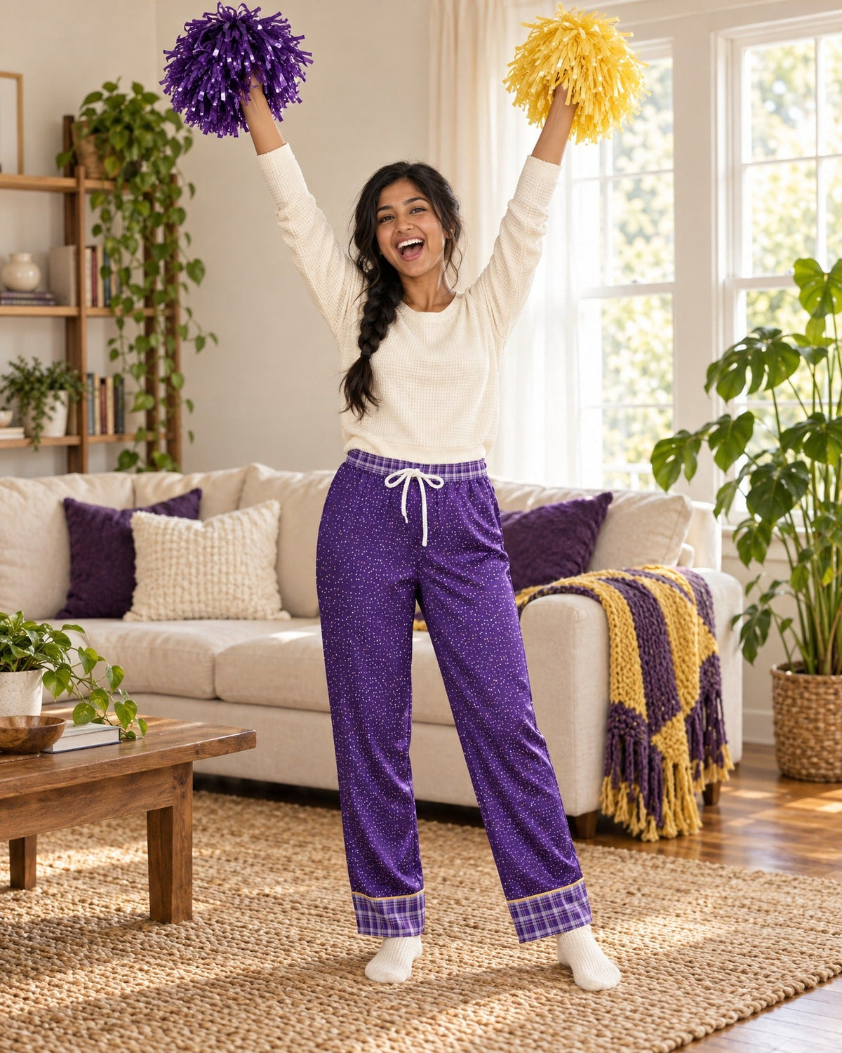Woman cheering with purple and gold pom-poms in a living room, wearing the Lavender & Butter Game Day satin pajama pants