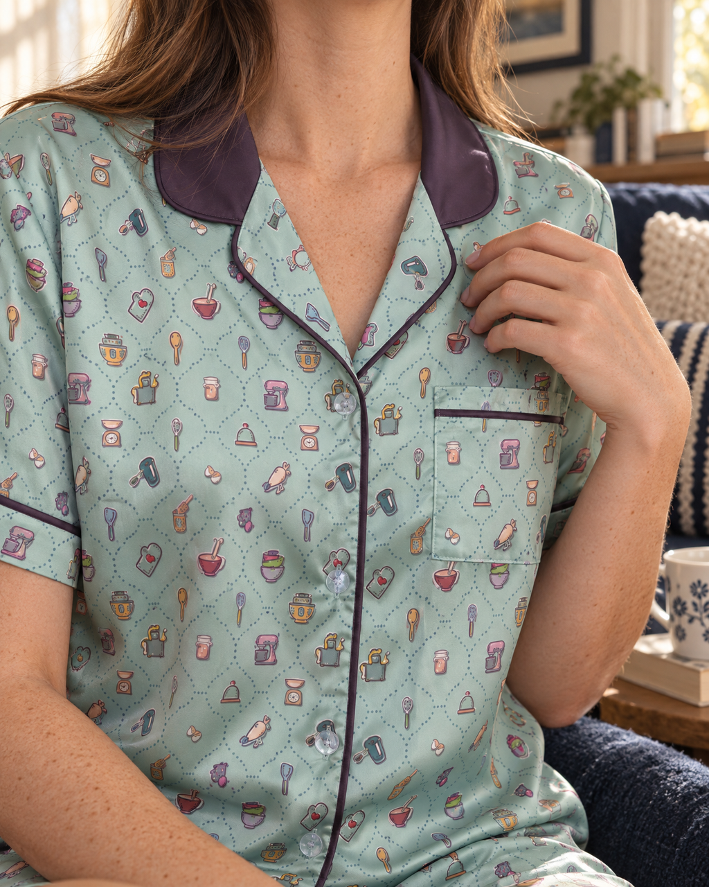 A close-up of a woman wearing a short-sleeve pajama top with a light mint green background, a colorful kitchen utensil pattern, and dark purple piping and collar. She is sitting in a cozy living room setting.