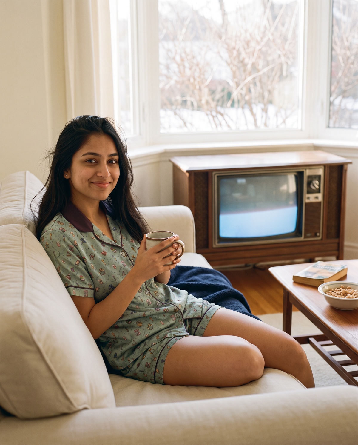 Sage-green satin pajama set printed with baking tools like mixers, whisks, and mixing bowls