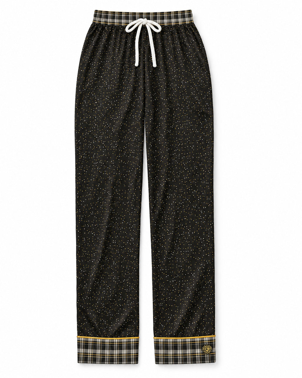 Black & Butterscotch satin pajama pants laid flat on white: black satin that looks like a night sky full of tiny white and butterscotch-gold dots, plaid waistband and cuffs, white drawstring bow