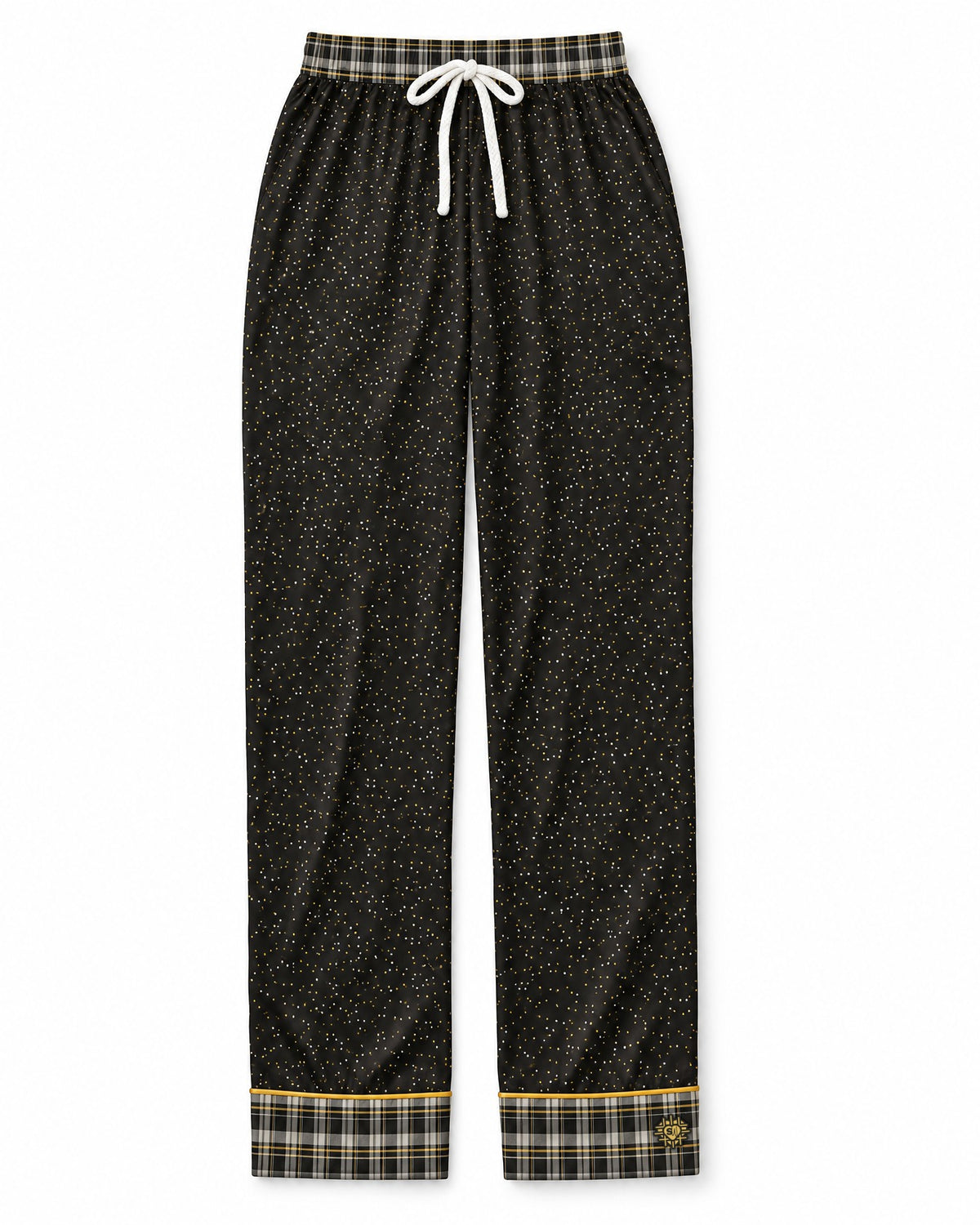 Black & Butterscotch satin pajama pants laid flat on white: black satin that looks like a night sky full of tiny white and butterscotch-gold dots, plaid waistband and cuffs, white drawstring bow