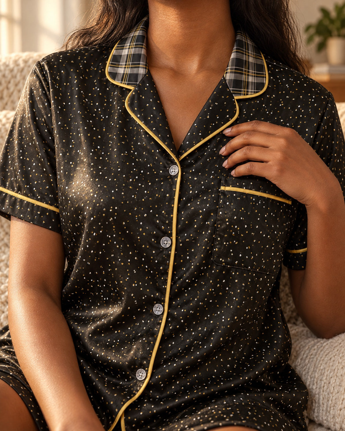 Close-up of the Black & Butterscotch pajama top: black, warm-gray and cream plaid with thin gold lines collar, dotted lapels, chest pocket and butterscotch-gold piping