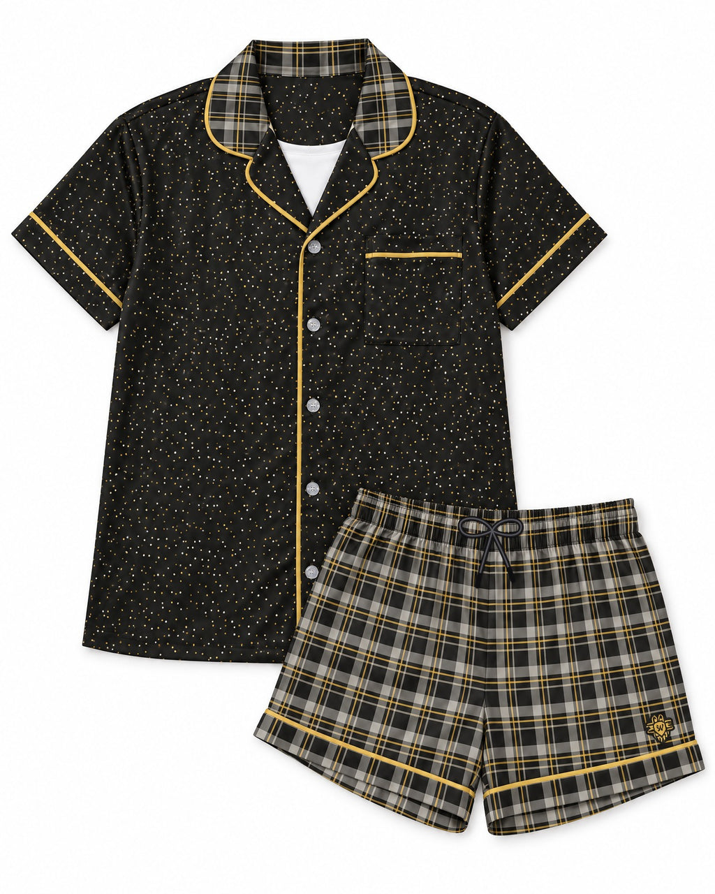 Black & Butterscotch satin pajama set laid flat on white: black top, black, warm-gray and cream plaid with thin gold lines shorts, black drawstring