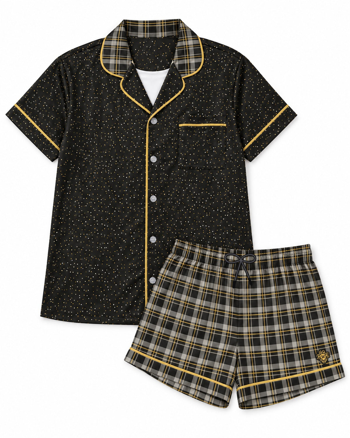 Black & Butterscotch satin pajama set laid flat on white: black top, black, warm-gray and cream plaid with thin gold lines shorts, black drawstring