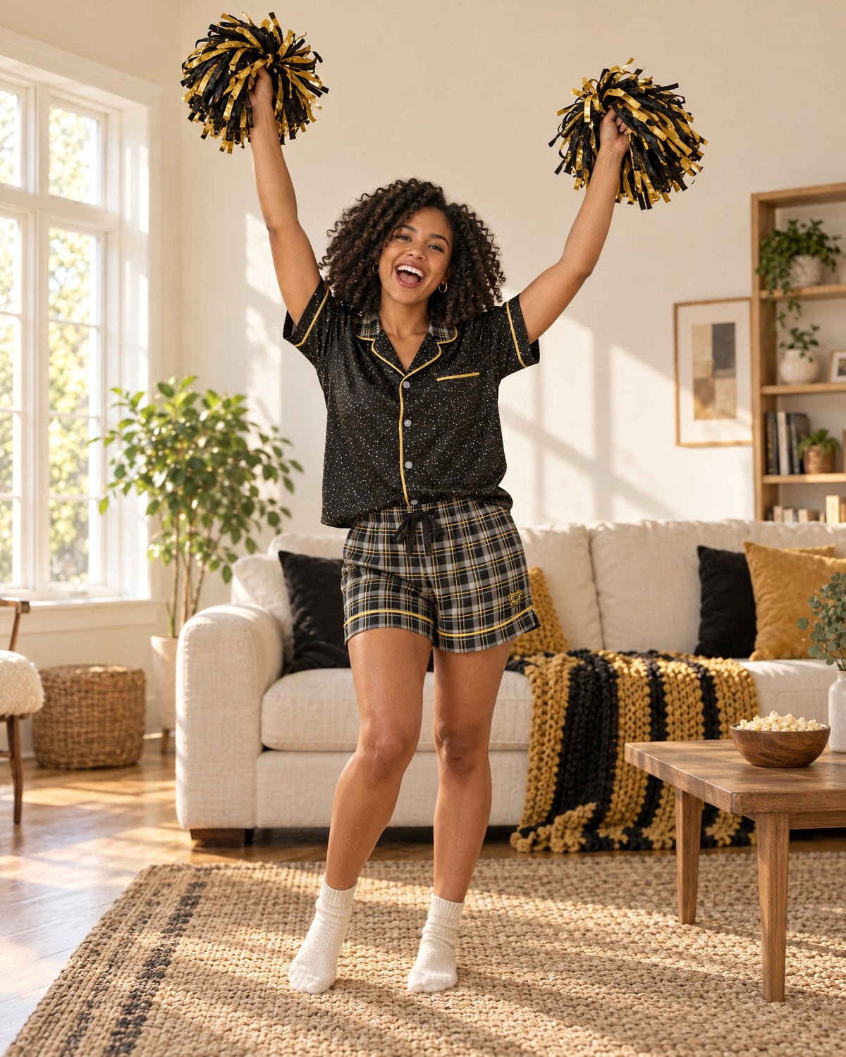 Woman cheering with both arms raised in the Black & Butterscotch satin pajama set, plain pom-poms
