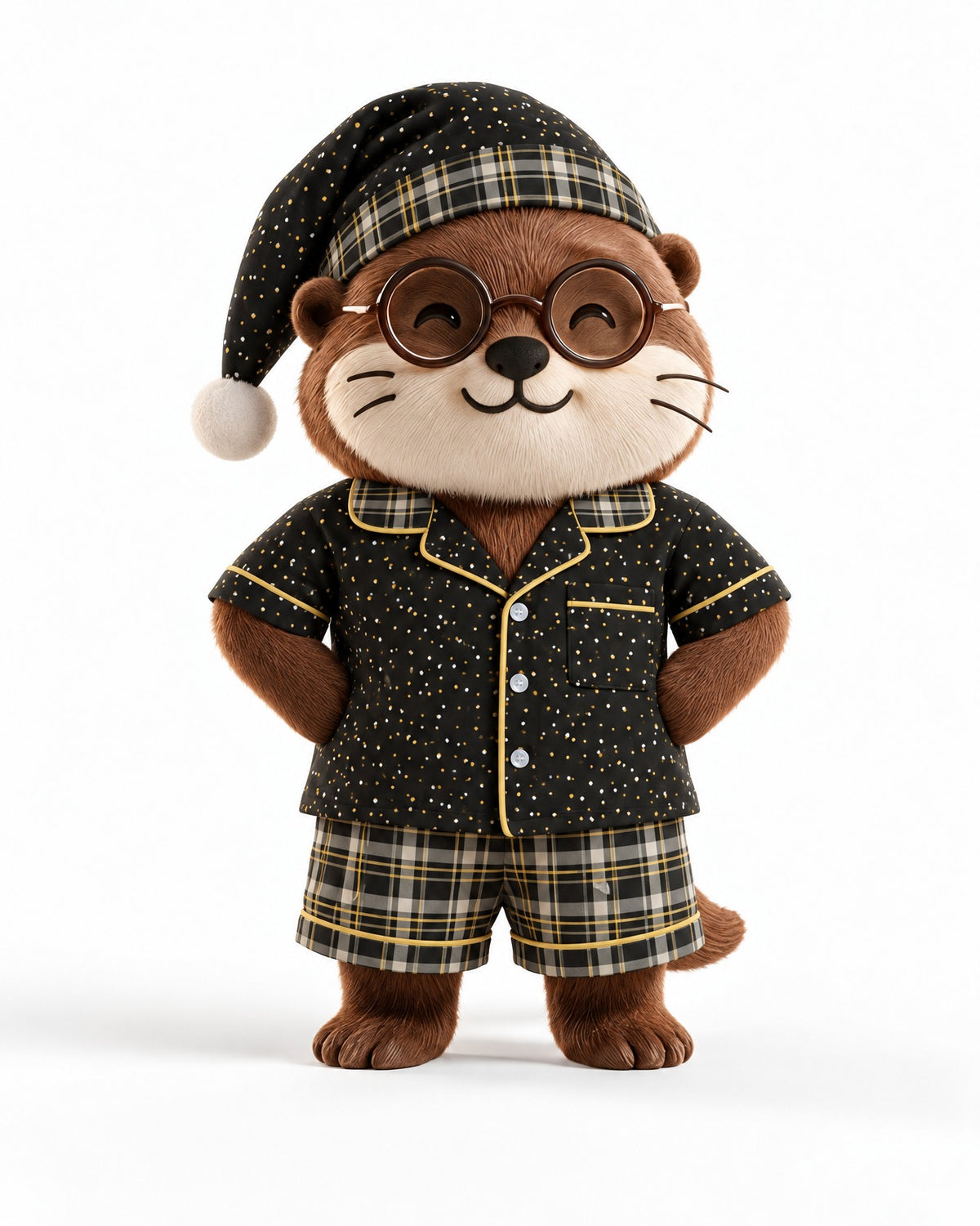 Waffles the otter mascot wearing a matching Black & Butterscotch pajama set and nightcap on a white background
