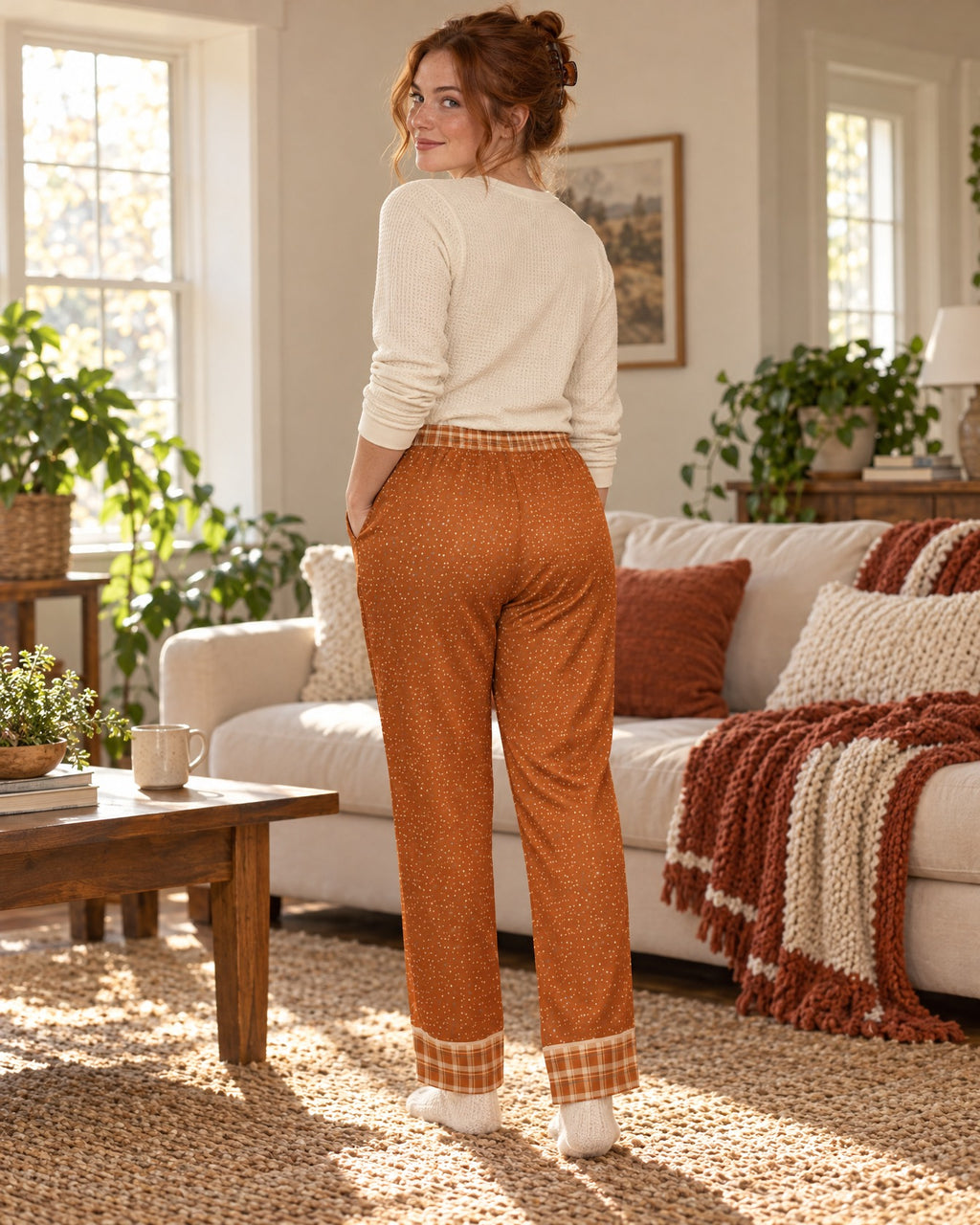 Back view of a woman in the Burnt Orange & Cream satin pajama pants with a cream knit top, plaid waistband and cuffs