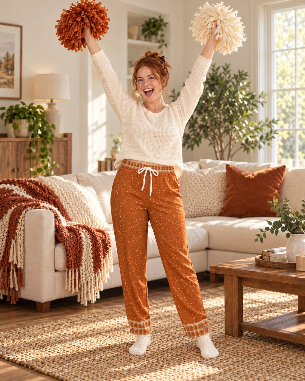 Woman cheering with both arms raised and plain pom-poms in the Burnt Orange & Cream satin pajama pants and a cream knit top