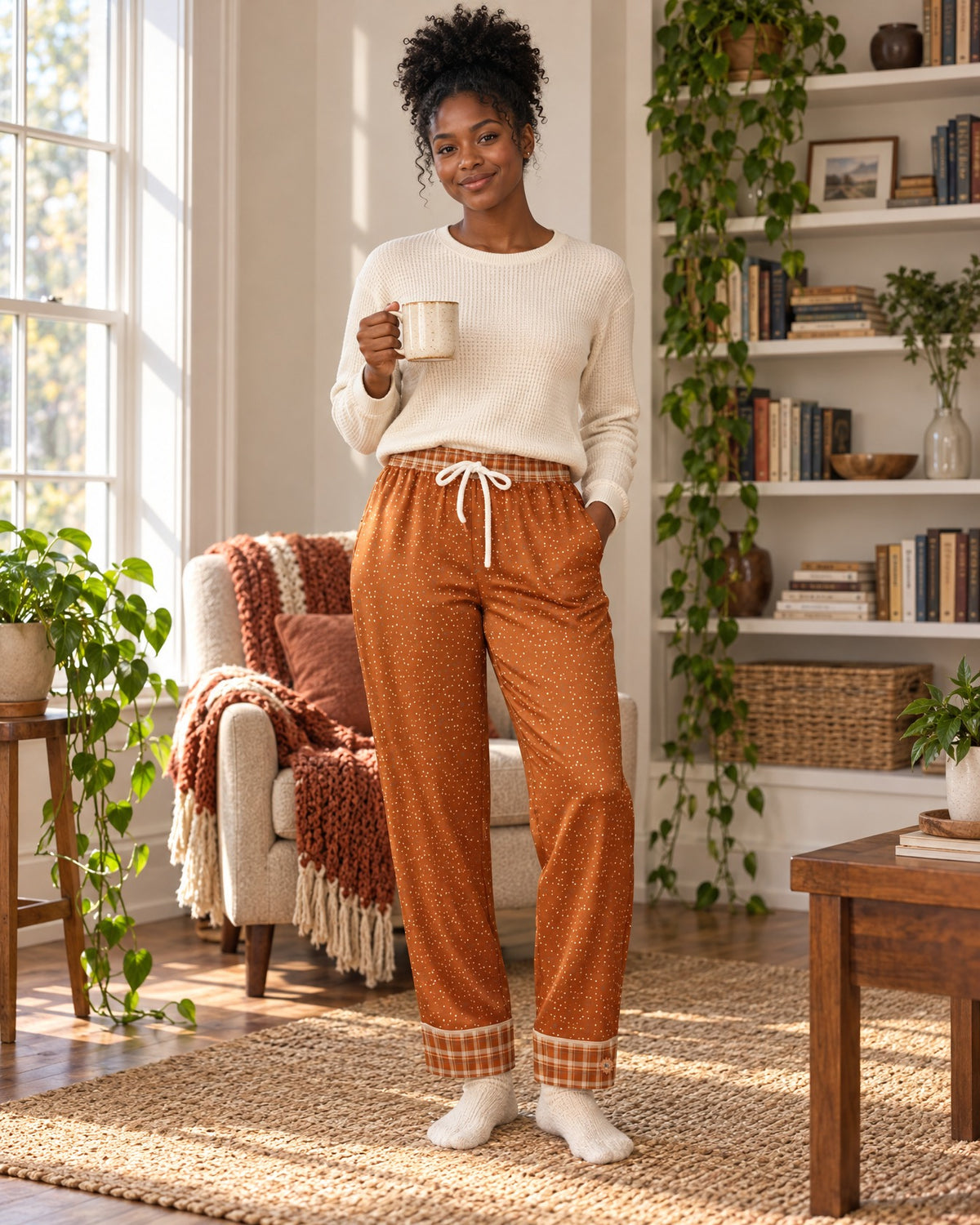Woman in a different size standing in a cozy living room wearing the Burnt Orange & Cream satin pajama pants with a cream knit top