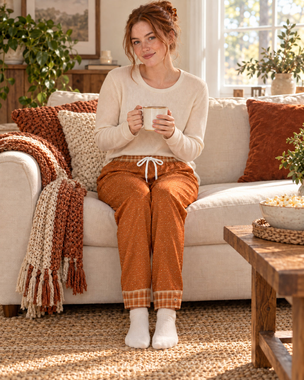 Woman sitting on a sofa holding a mug, wearing the Burnt Orange & Cream satin pajama pants with a cream knit top and showing the plaid cuffs