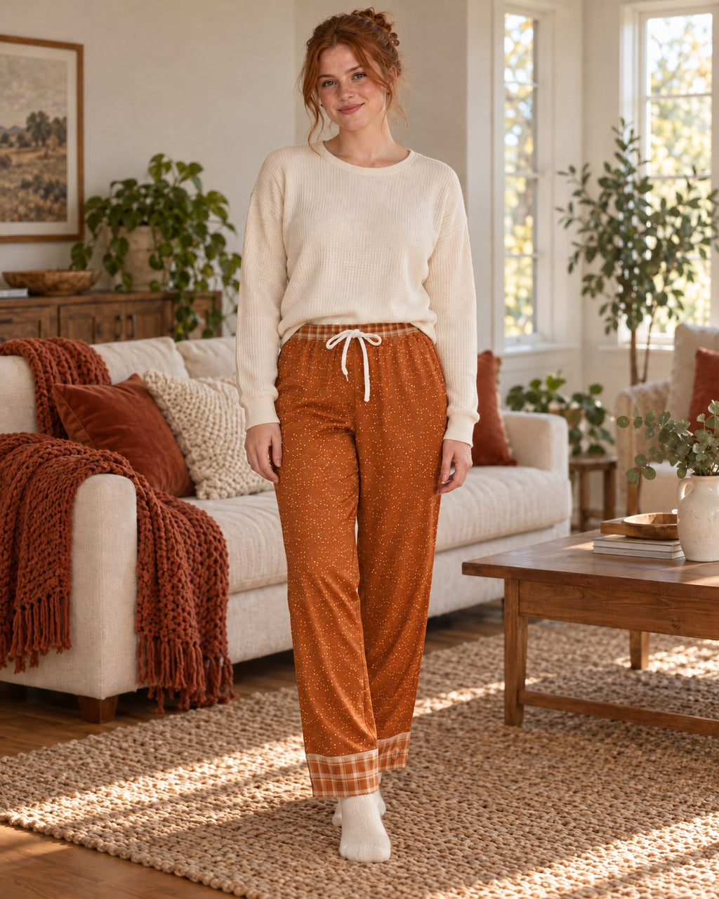 Woman standing in a sunlit living room wearing the Burnt Orange & Cream satin pajama pants with a cream knit top
