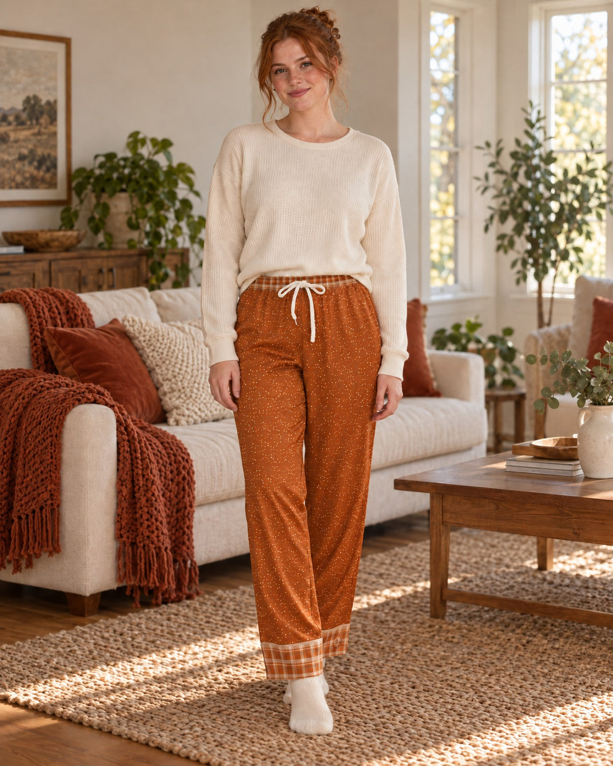 Woman standing in a sunlit living room wearing the Burnt Orange & Cream satin pajama pants with a cream knit top