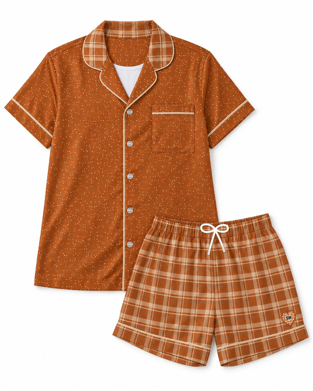 Burnt Orange & Cream satin pajama set laid flat on white: burnt-orange top, burnt-orange and cream plaid shorts, white drawstring