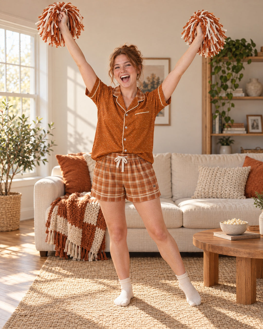 Woman cheering with both arms raised in the Burnt Orange & Cream satin pajama set, plain pom-poms