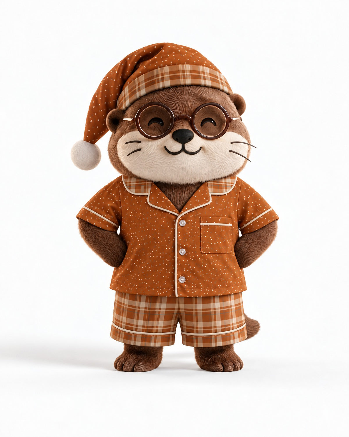 Waffles the otter mascot wearing a matching Burnt Orange & Cream pajama set and nightcap on a white background
