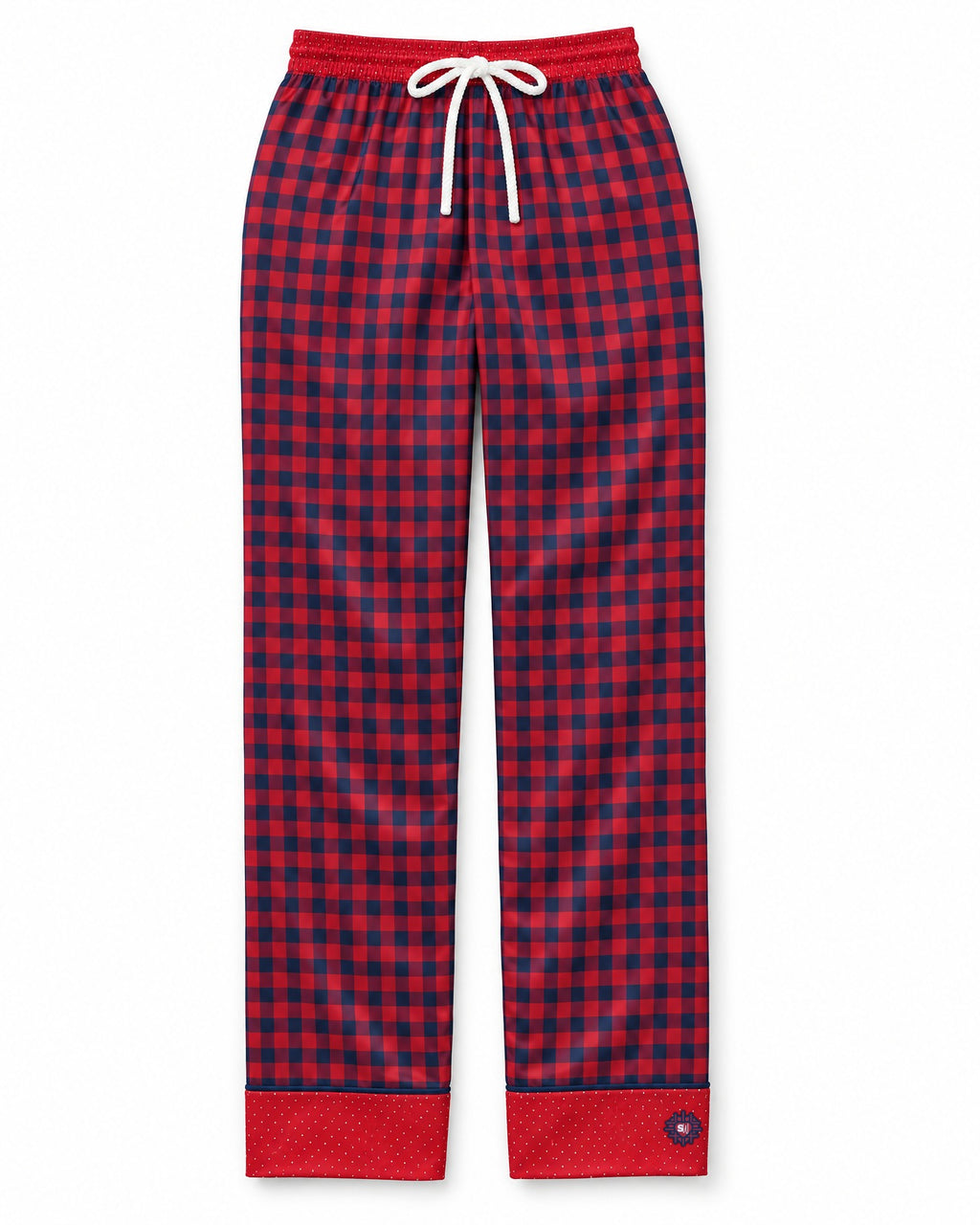 Cherry & Navy satin pajama pants laid flat on white: cherry-red and navy buffalo check satin with a red waistband and red dotted cuffs, plaid waistband and cuffs, white drawstring bow
