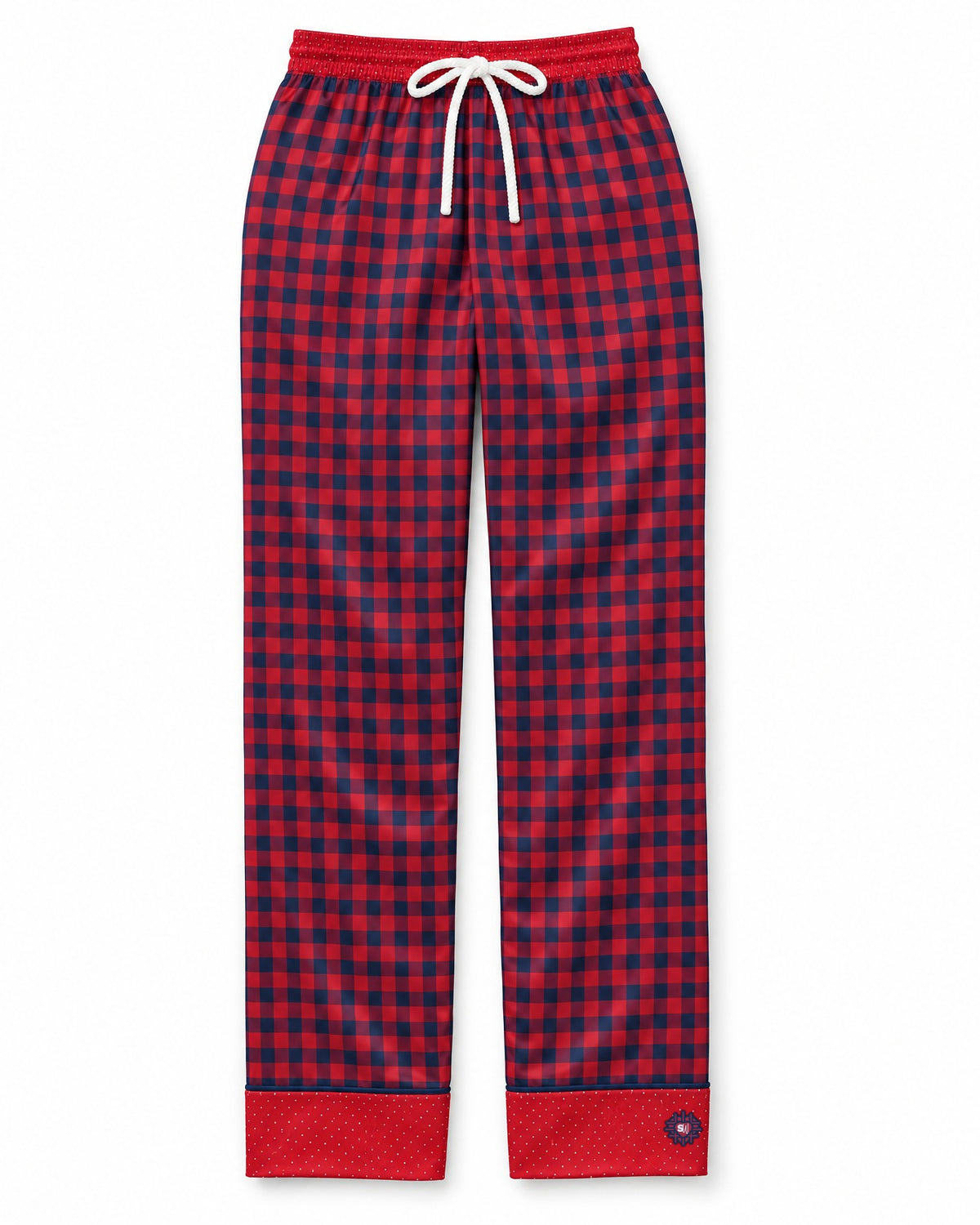 Cherry & Navy satin pajama pants laid flat on white: cherry-red and navy buffalo check satin with a red waistband and red dotted cuffs, plaid waistband and cuffs, white drawstring bow