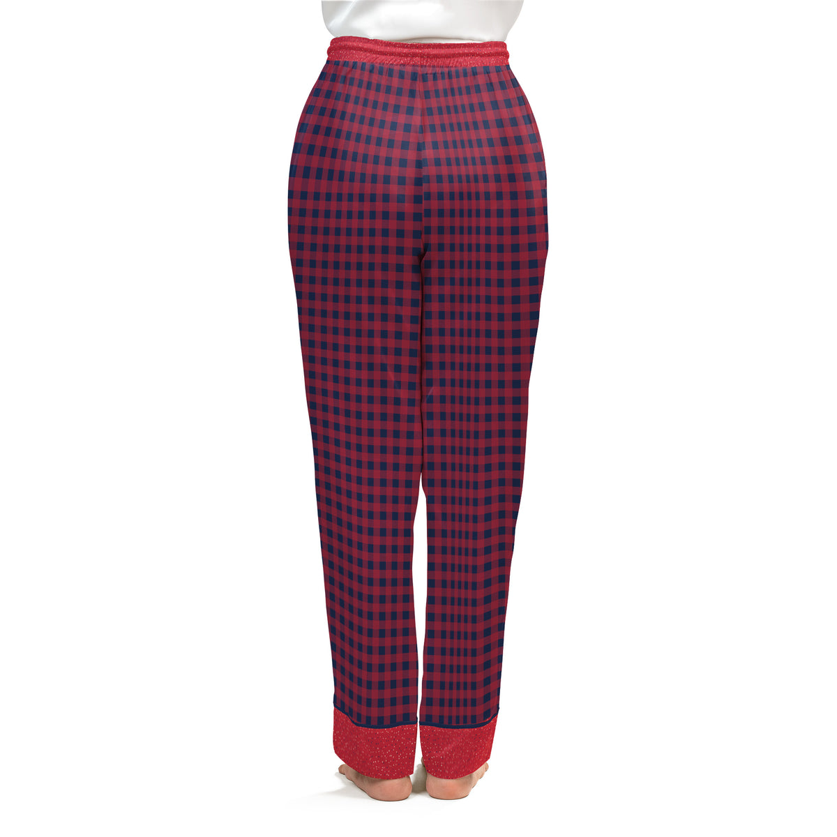 Back view of the Cherry & Navy satin pajama pants on a plain white background