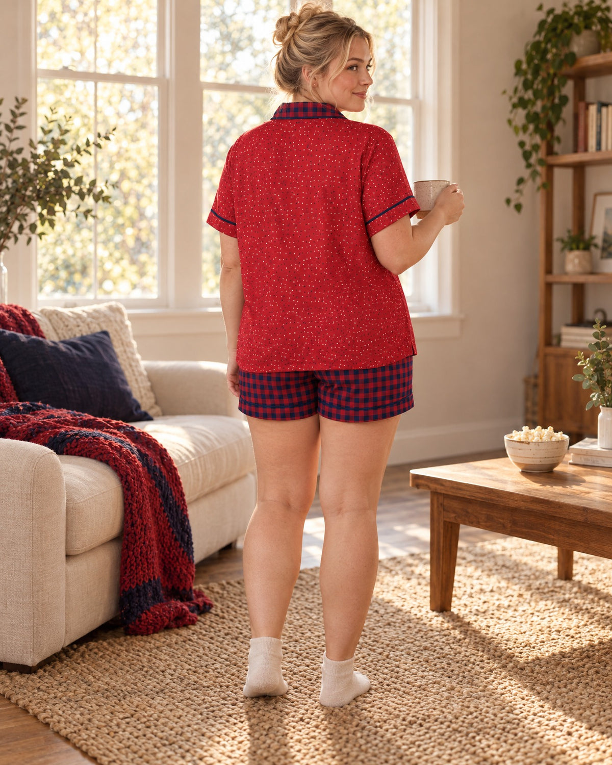 Back view of the Cherry & Navy satin pajama set, plain bright cherry-red top with a cherry-red and navy gingham collar and navy piping