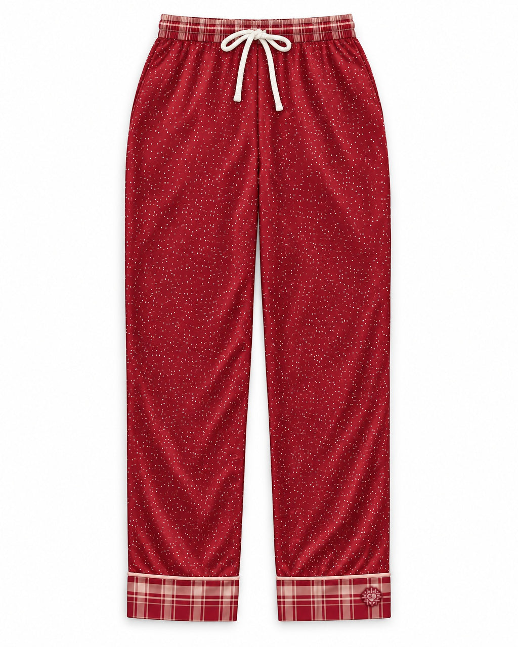 Crimson Cocoa satin pajama pants laid flat on white: deep crimson satin with tiny cream dots, plaid waistband and cuffs, white drawstring bow