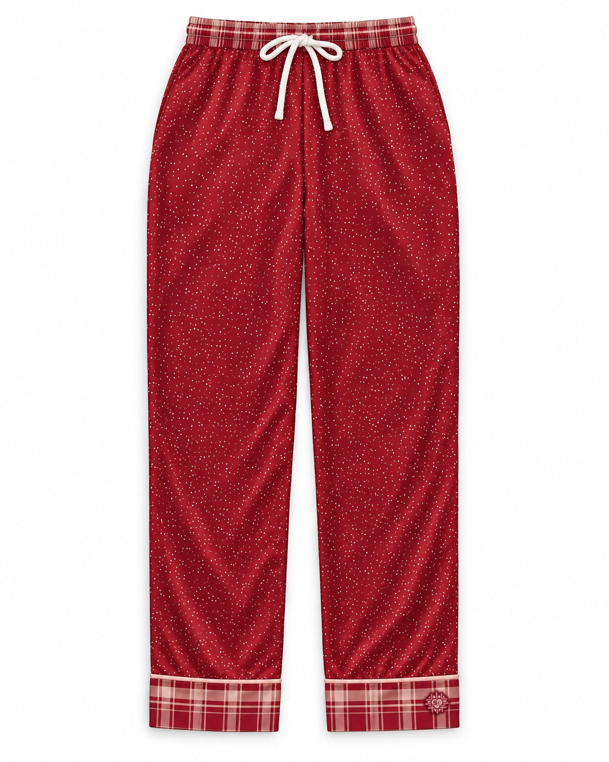 Crimson Cocoa satin pajama pants laid flat on white: deep crimson satin with tiny cream dots, plaid waistband and cuffs, white drawstring bow
