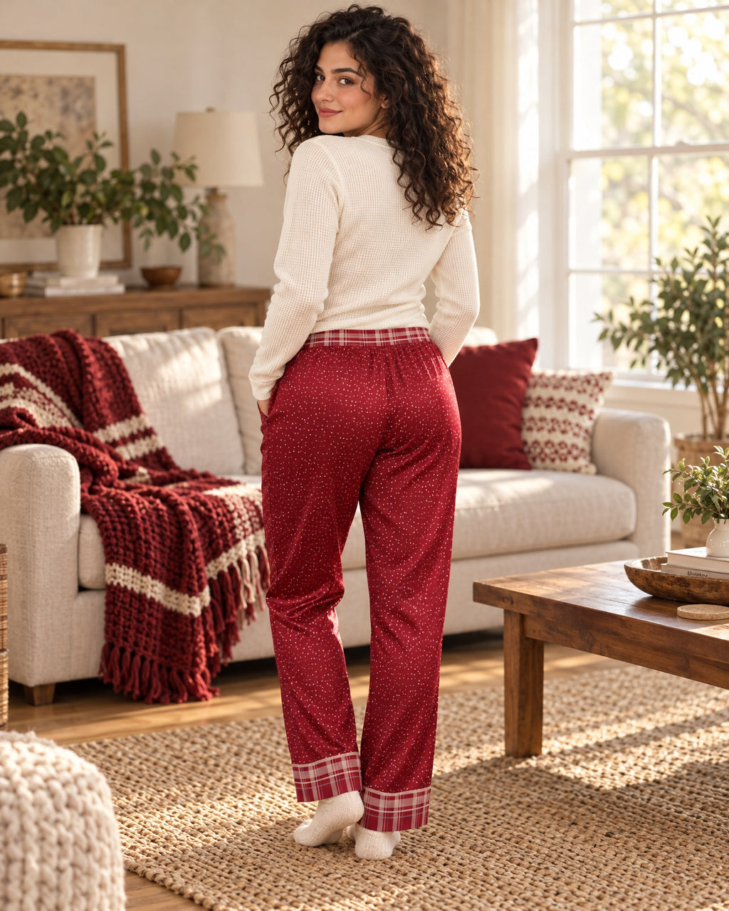Back view of a woman in the Crimson Cocoa satin pajama pants with a cream knit top, plaid waistband and cuffs
