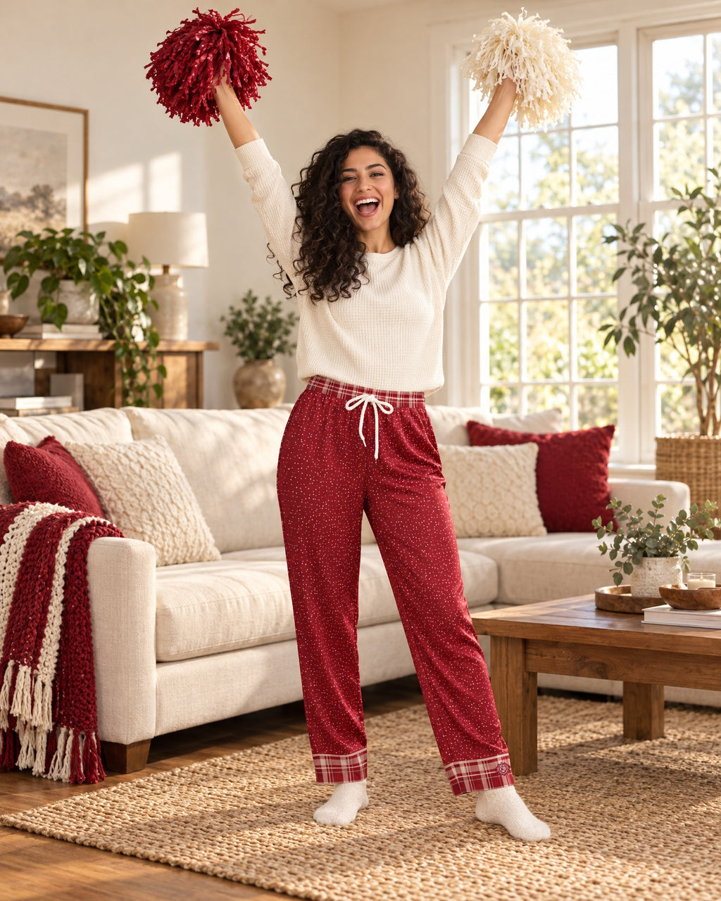 Woman cheering with both arms raised and plain pom-poms in the Crimson Cocoa satin pajama pants and a cream knit top