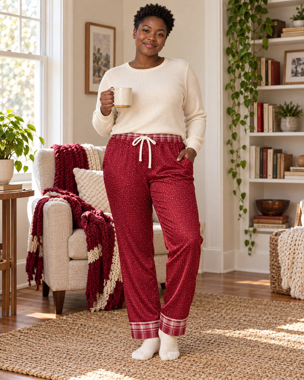 Woman in a different size standing in a cozy living room wearing the Crimson Cocoa satin pajama pants with a cream knit top