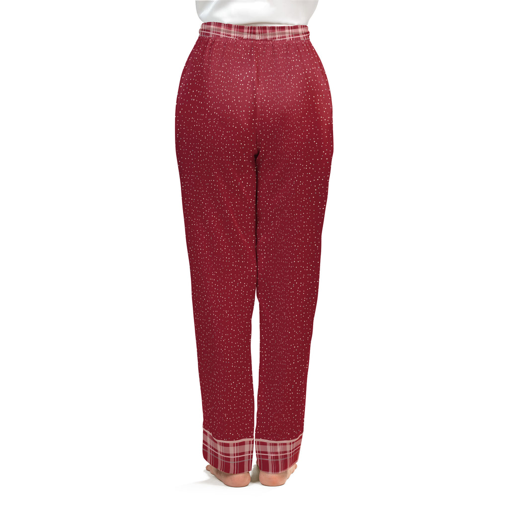 Back view of the Crimson Cocoa satin pajama pants on a plain white background