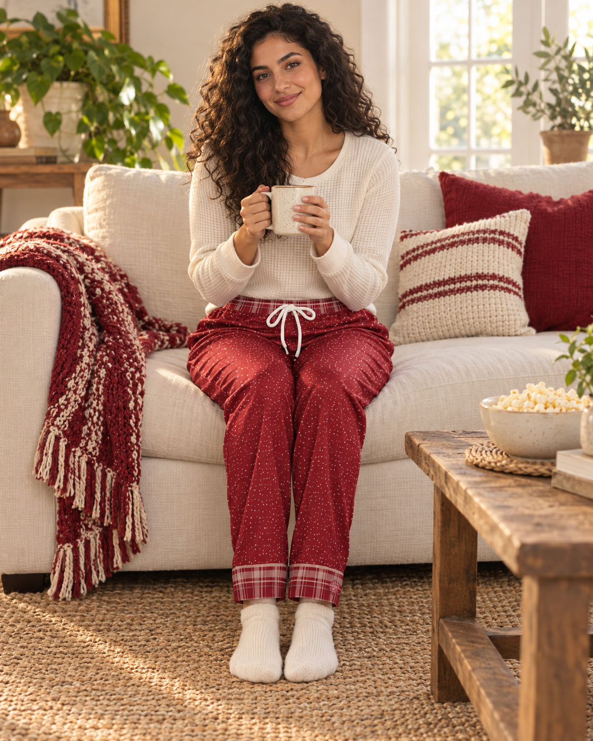 Woman sitting on a sofa holding a mug, wearing the Crimson Cocoa satin pajama pants with a cream knit top and showing the plaid cuffs