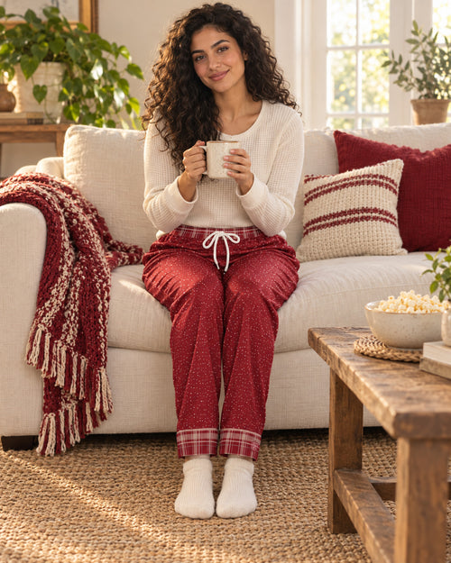 Woman sitting on a sofa holding a mug, wearing the Crimson Cocoa satin pajama pants with a cream knit top and showing the plaid cuffs