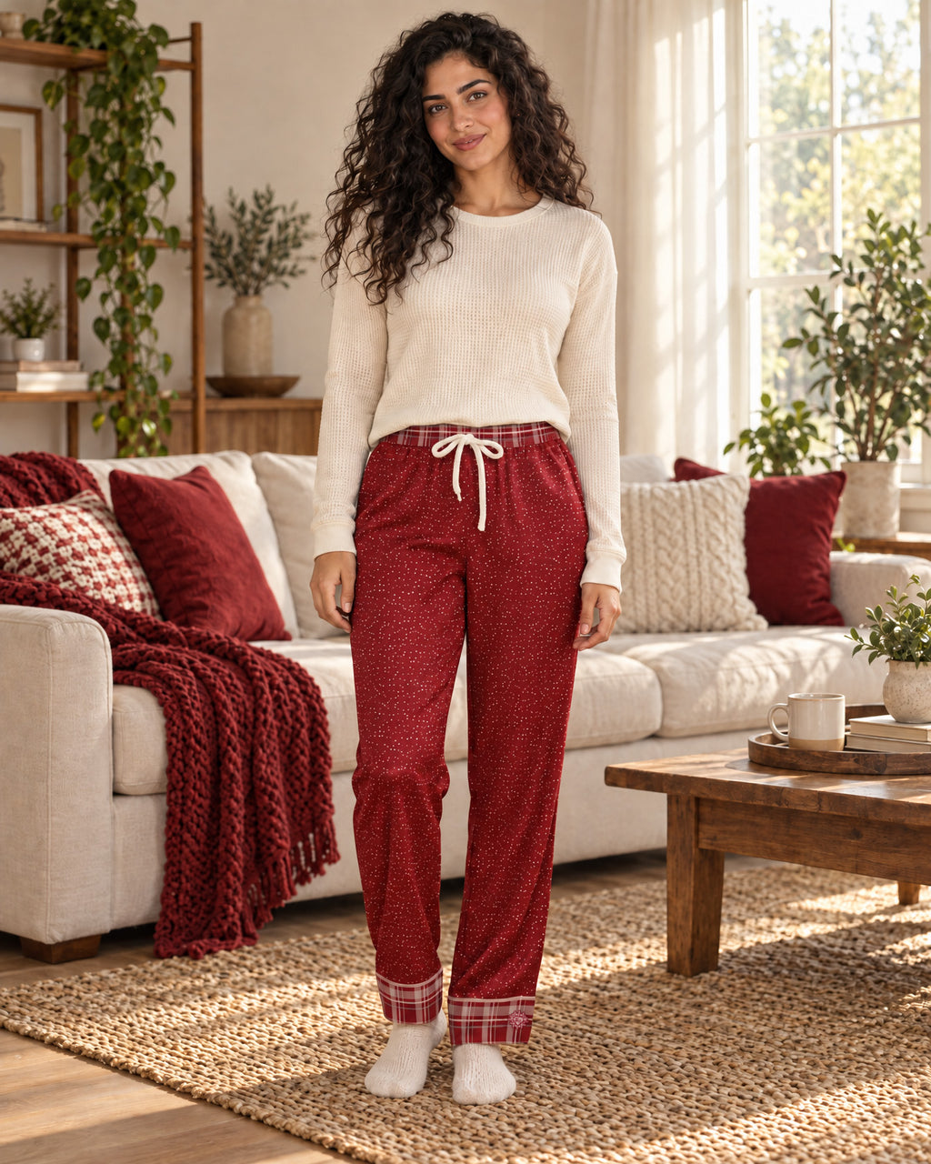 Woman standing in a sunlit living room wearing the Crimson Cocoa satin pajama pants with a cream knit top