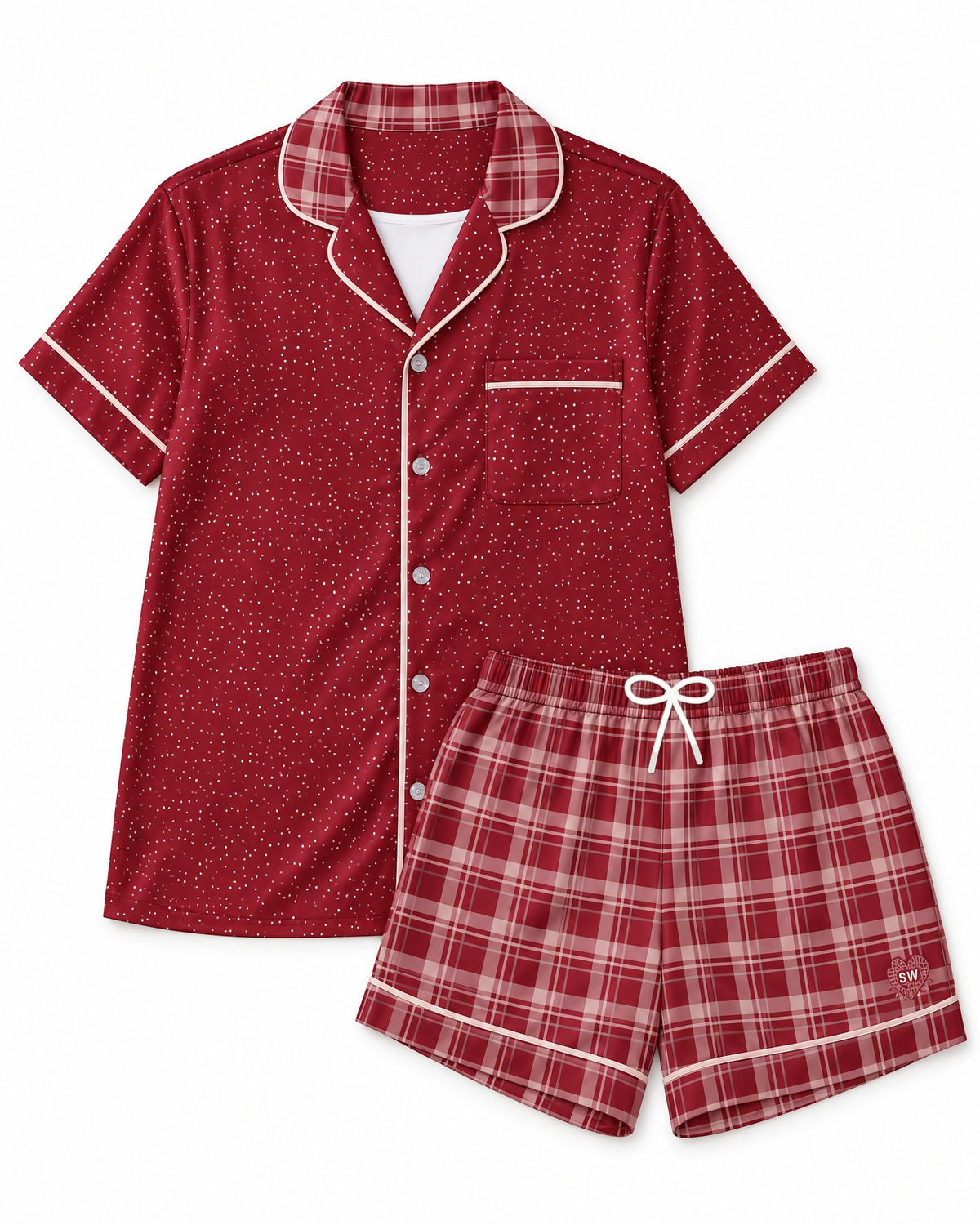 Crimson Cocoa satin pajama set laid flat on white: deep crimson top, crimson and pale cream-pink plaid shorts, white drawstring