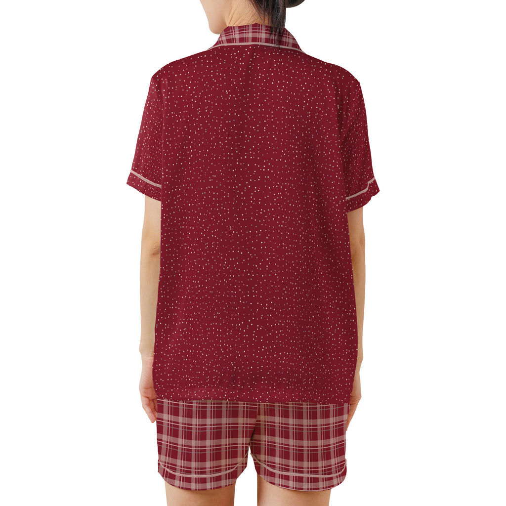 Back view of the Crimson Cocoa satin pajama set on a plain white background