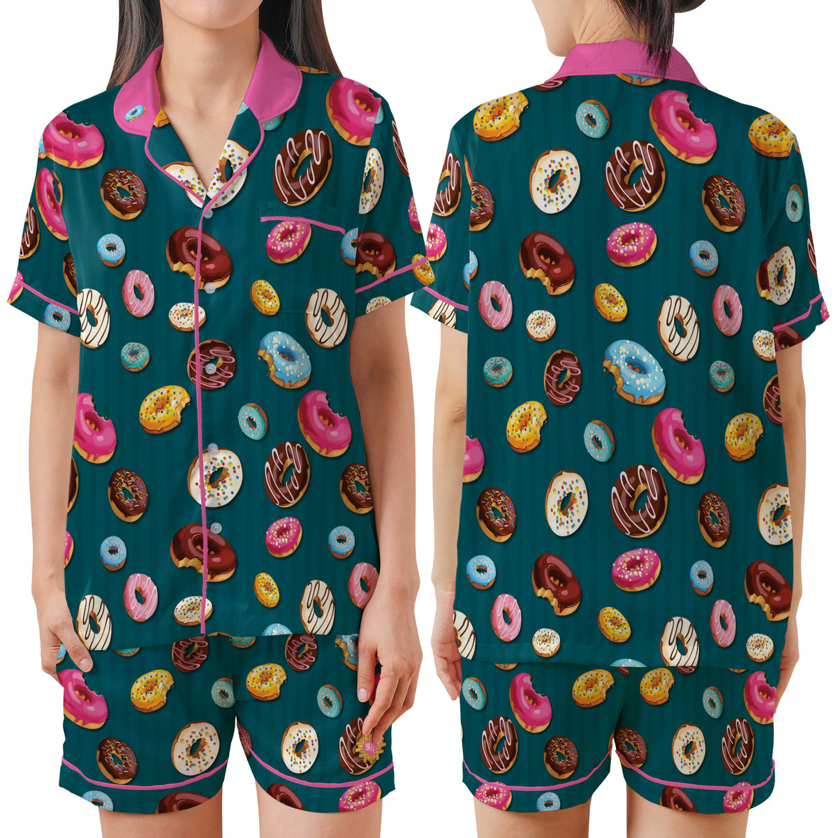 Teal Glazed Donut Pinstripe Satin Pajama Set