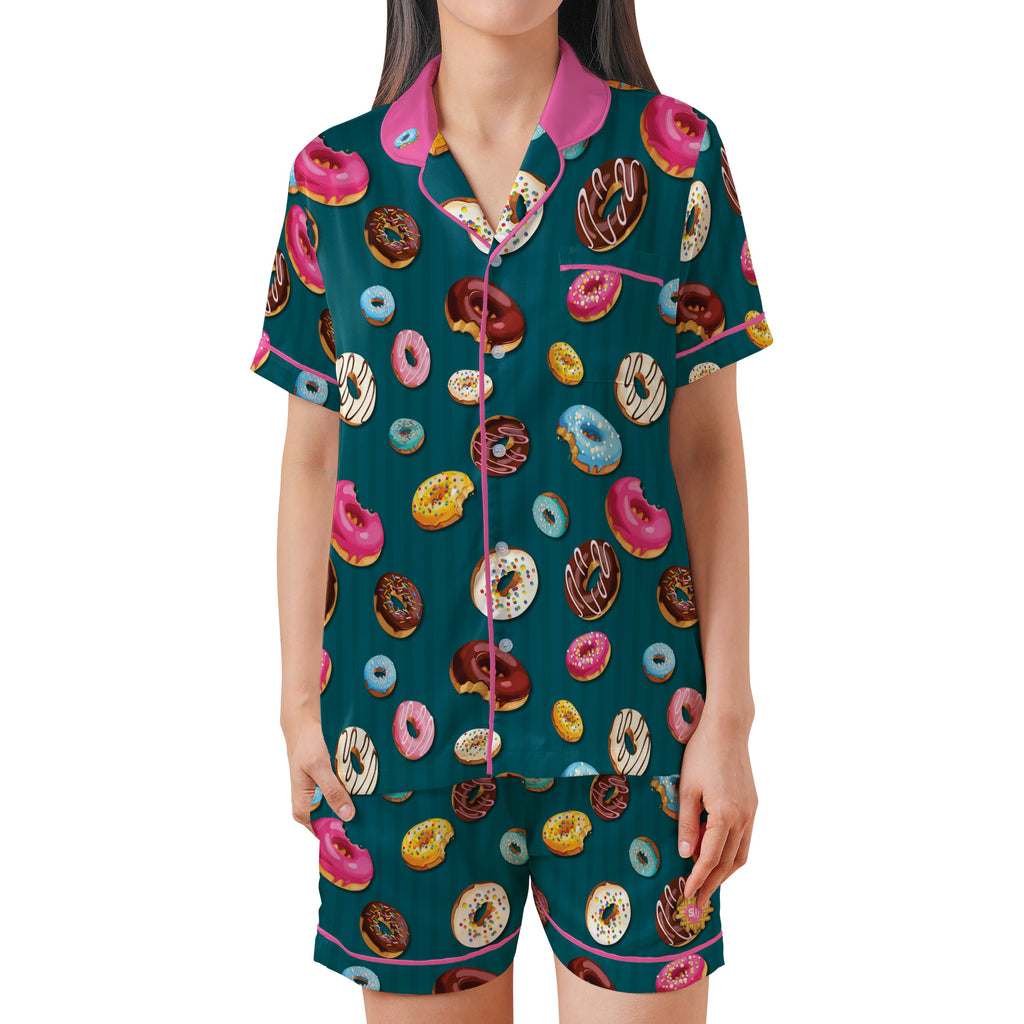 Teal Glazed Donut Pinstripe Satin Pajama Set