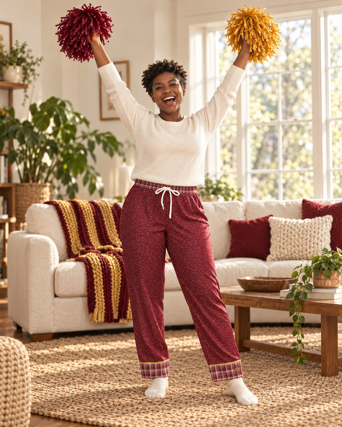 Woman cheering with both arms raised and plain pom-poms in the Garnet & Honey satin pajama pants and a cream knit top