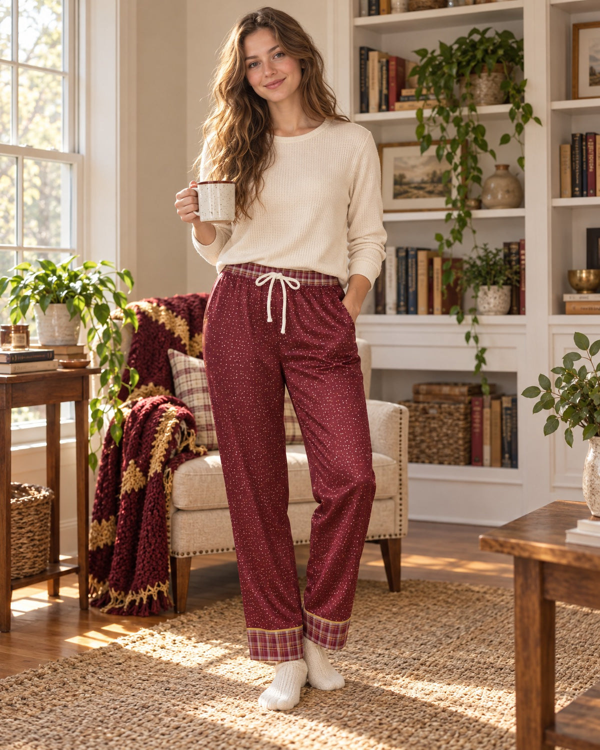 Woman in a different size standing in a cozy living room wearing the Garnet & Honey satin pajama pants with a cream knit top