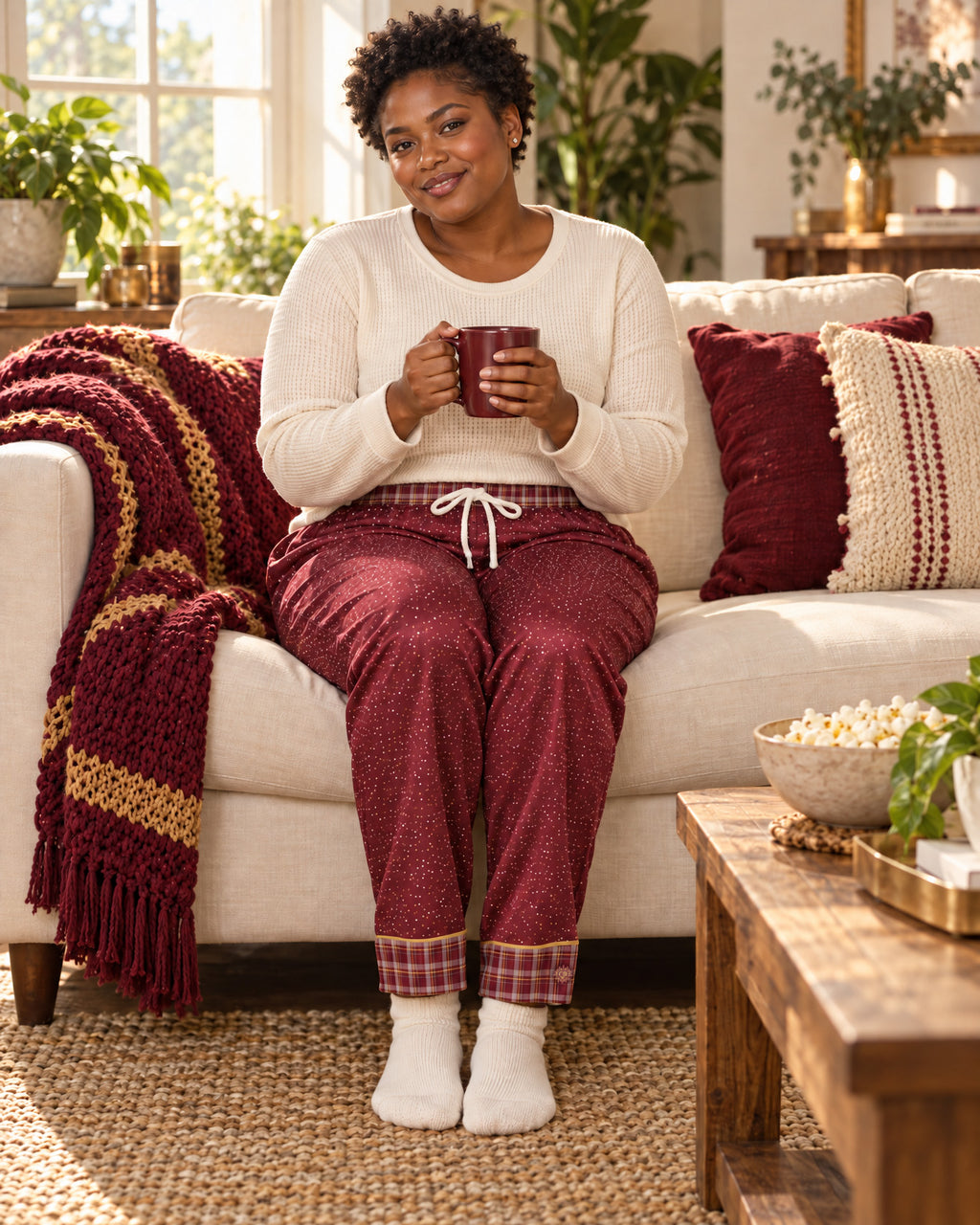 Woman sitting on a sofa holding a mug, wearing the Garnet & Honey satin pajama pants with a cream knit top and showing the plaid cuffs