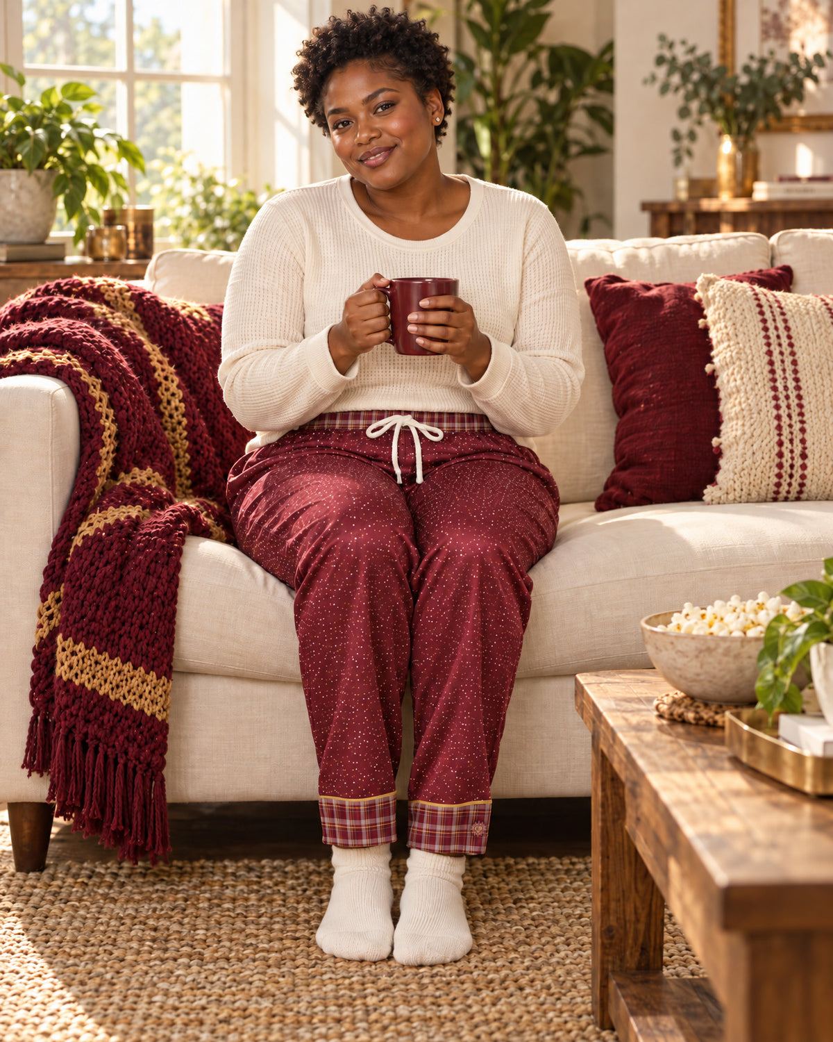 Woman sitting on a sofa holding a mug, wearing the Garnet & Honey satin pajama pants with a cream knit top and showing the plaid cuffs