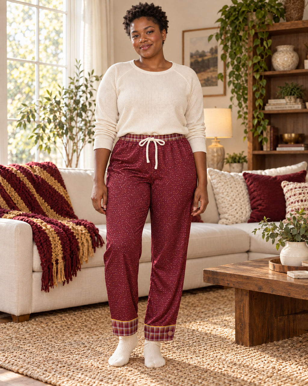 Woman standing in a sunlit living room wearing the Garnet & Honey satin pajama pants with a cream knit top