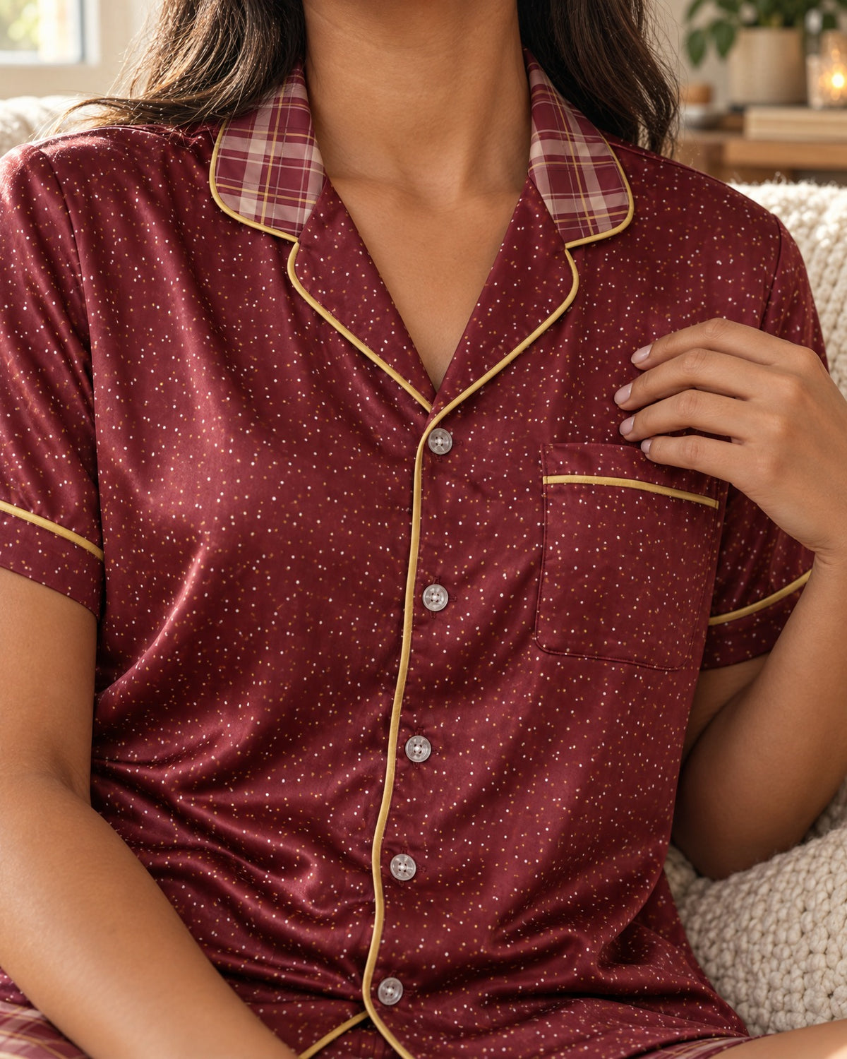 Close-up of the Garnet & Honey pajama top: garnet and cream-pink plaid with thin honey-gold lines collar, dotted lapels, chest pocket and honey-gold piping