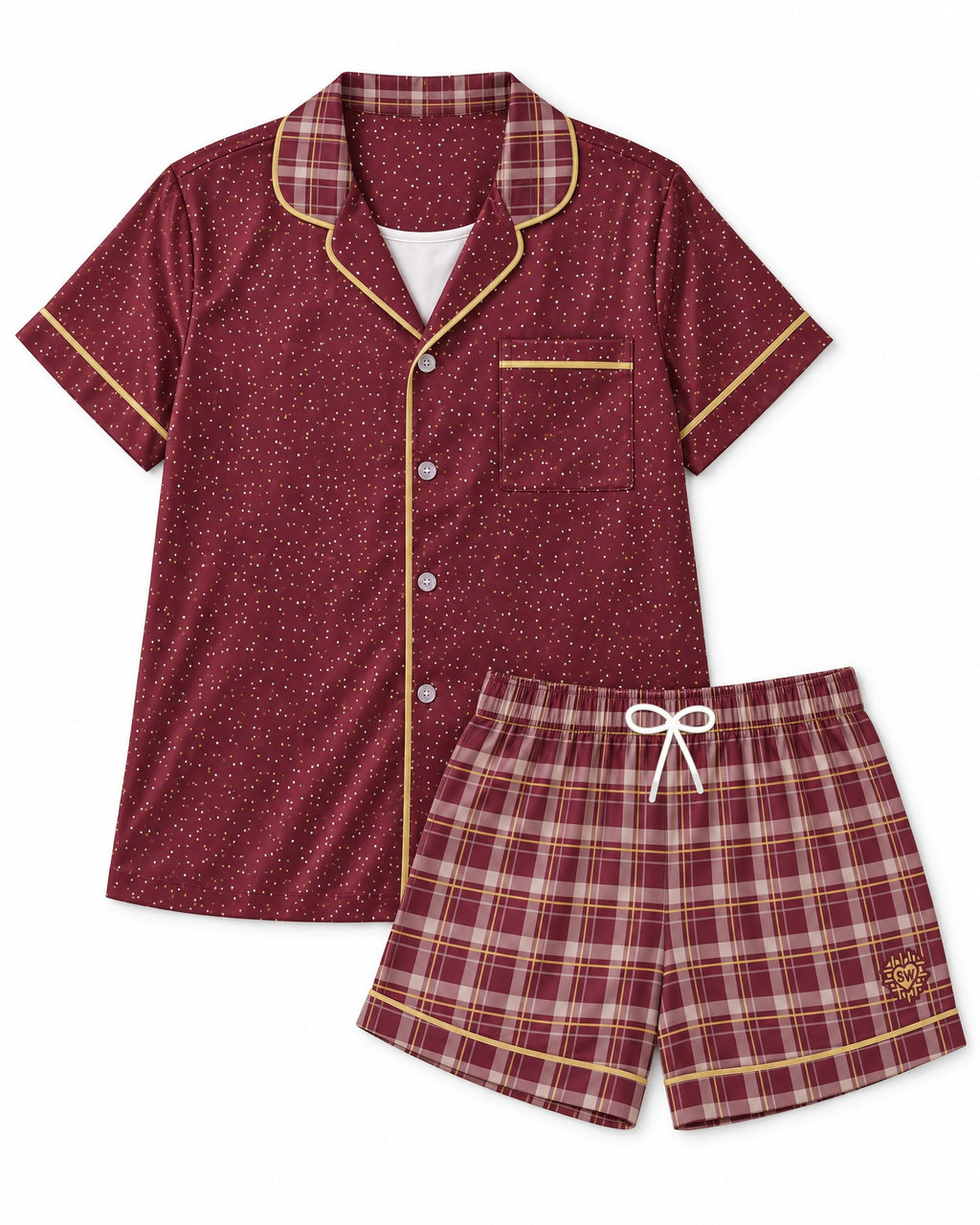 Garnet & Honey satin pajama set laid flat on white: deep garnet wine-red top, garnet and cream-pink plaid with thin honey-gold lines shorts, white drawstring