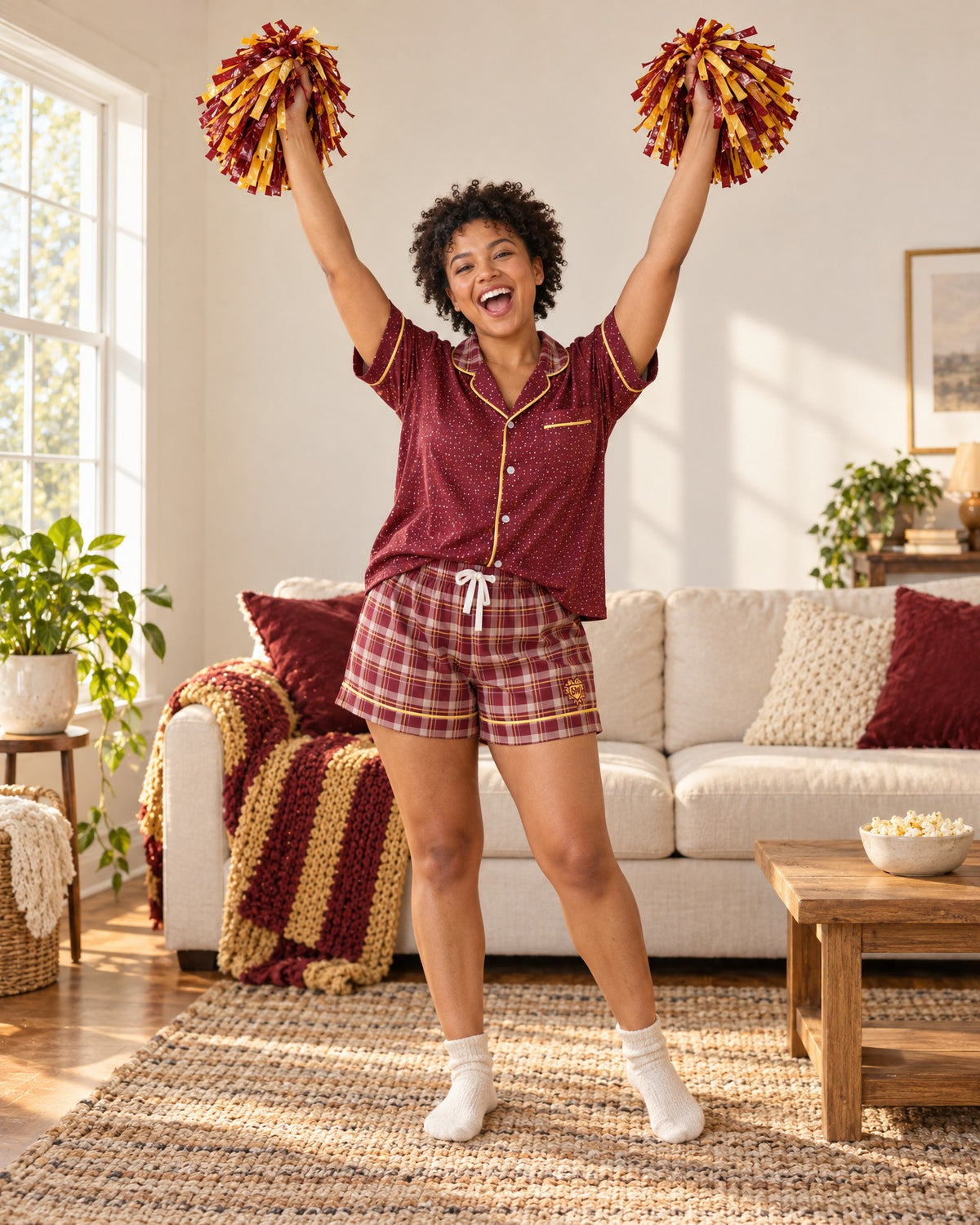 Woman cheering with both arms raised in the Garnet & Honey satin pajama set, plain pom-poms