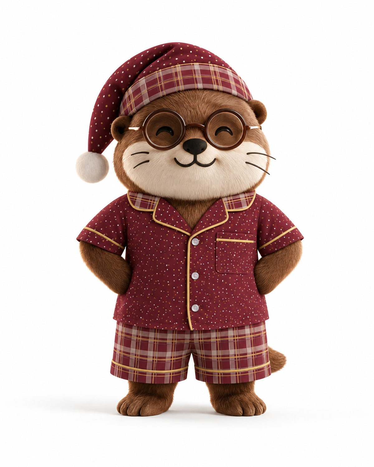 Waffles the otter mascot wearing a matching Garnet & Honey pajama set and nightcap on a white background