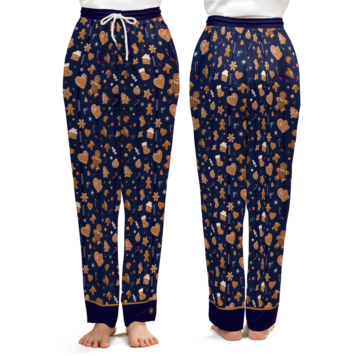 Front and back views of a pair of women's pajama pants on a white background. The pants are navy blue with a repeating pattern of gingerbread cookies, hearts, stars, and snowflakes in tan and white, featuring a white drawstring waist and ribbed cuffs.