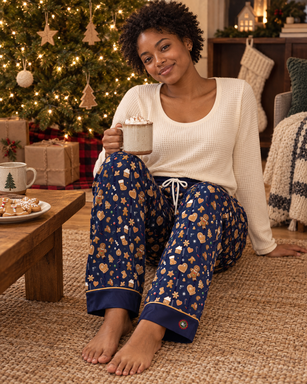 A woman sits on a woven rug in a cozy holiday living room, wearing a cream waffle-knit long-sleeve top and navy blue pajama pants with a gold holiday print. She holds a mug of hot cocoa in front of a decorated Christmas tree.