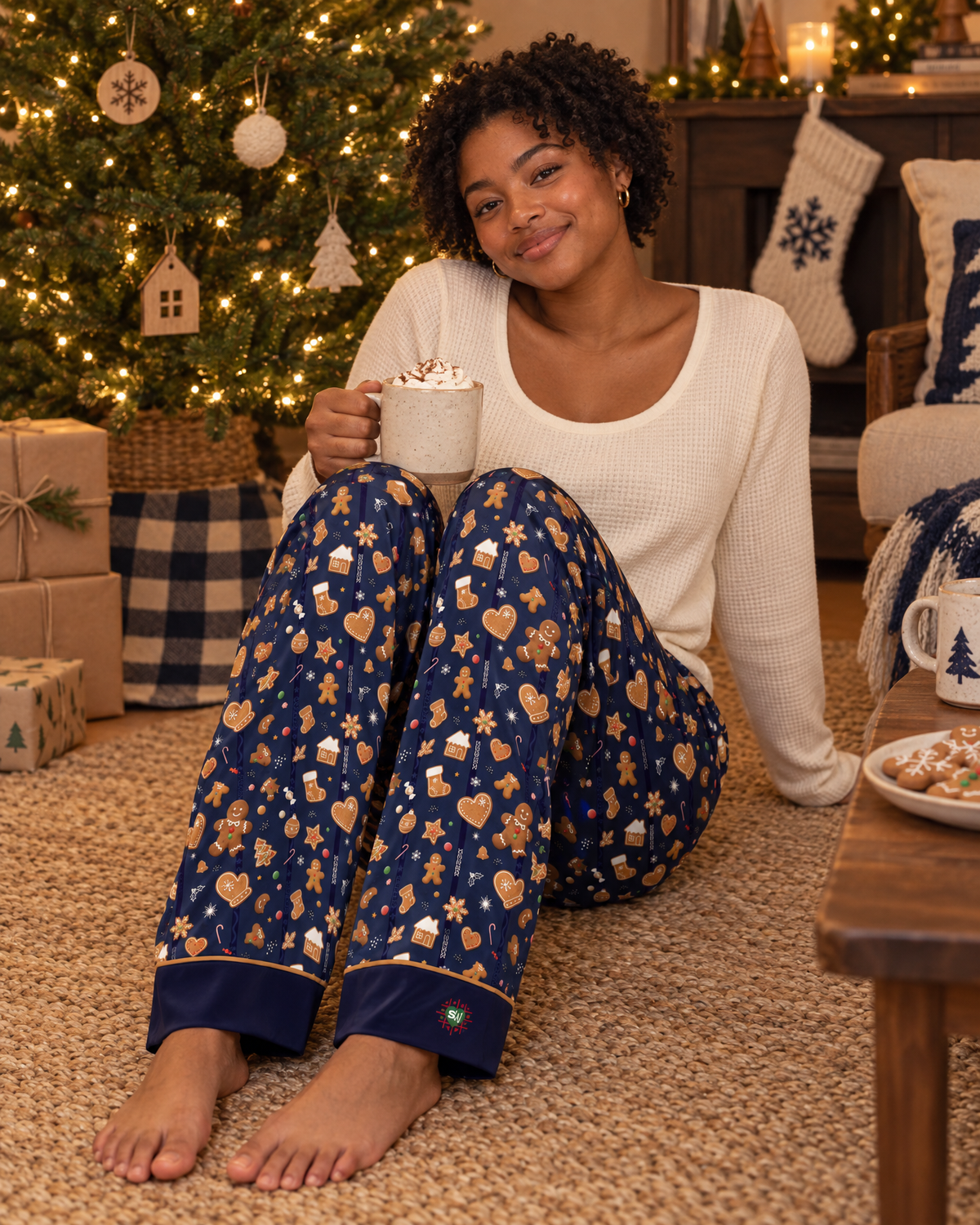 A woman sits barefoot on a carpeted floor in a cozy living room, wearing a white long-sleeve top and navy blue pajama pants with a festive holiday print of gingerbread cookies, hearts, stars, and snowflakes. She holds a mug of hot cocoa in front of a decorated Christmas tree.