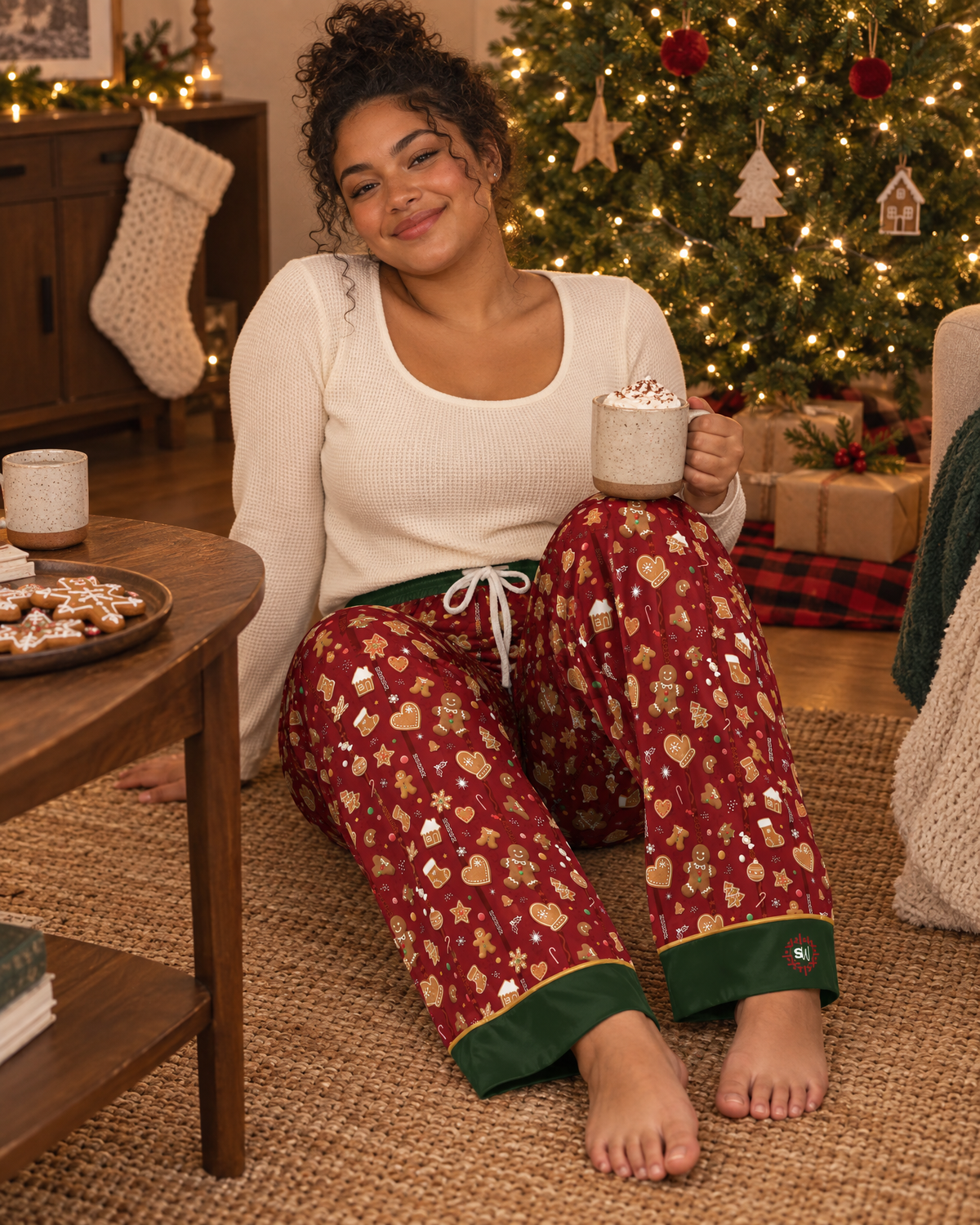 Cranberry-red satin pajama pants printed with iced gingerbread men, candy canes and snowflakes, forest-green cuffs with gold piping